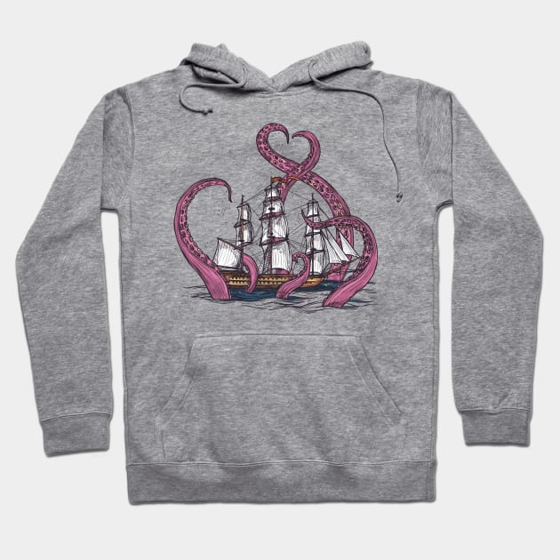 Kraken Attacks Boat Hoodie by Happy Asmara